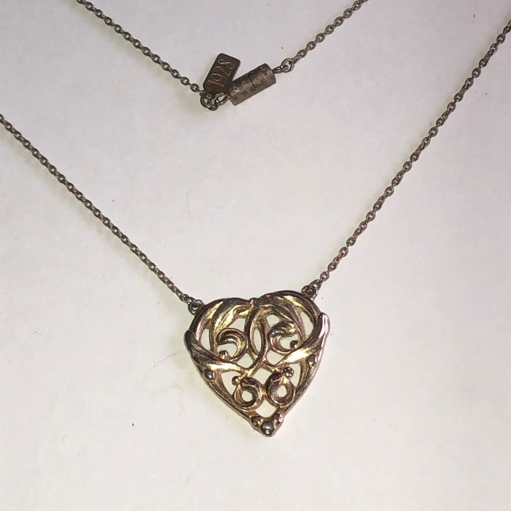 1928 Gold Tone Vintage Heart Filigree Pendant Necklace